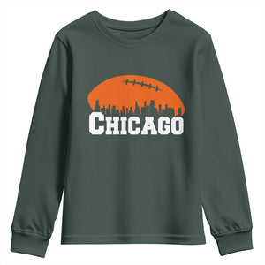 Chicago Skyline Football Graphic Youth Sweatshirt Bold Windy City Fan Art for Game Days TS02 Dark Forest Green Print Your Wear