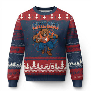 Fierce Football Bear Ugly Christmas Sweater Chicago Fan Number 18 Bold Orange Game Day Spirit TS02 Navy Red Print Your Wear