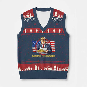 Funny Trump Fry 2024 V-Neck Knit Sweater Vest Make French Fries Great Again American Flag TS02 Navy Red Print Your Wear