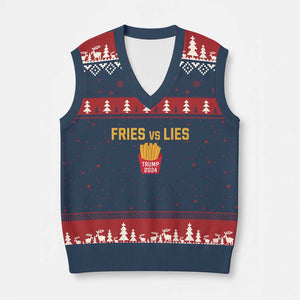 Funny Trump French Fry 2024 V-Neck Knit Sweater Vest Fries vs Lies TS02 Navy Red Print Your Wear