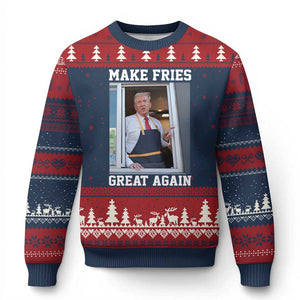 Funny Trump Serving Fry Ugly Christmas Sweater Make Fries Great Again Donald Trump 2024 TS02 Navy Red Print Your Wear