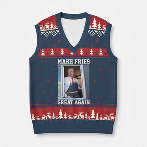 Funny Trump Serving Fry V-Neck Knit Sweater Vest Make Fries Great Again Donald Trump 2024 TS02 Navy Red Print Your Wear