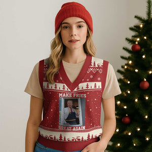 Funny Trump Serving Fry V-Neck Knit Sweater Vest Make Fries Great Again Donald Trump 2024 TS02 Red Beige Print Your Wear