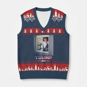 Funny Trump Serving Fry 2024 V-Neck Knit Sweater Vest Works Drive-thru Serving French Fries TS02 Navy Red Print Your Wear