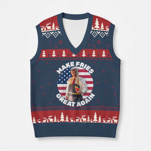 Funny Trump Fry 2024 V-Neck Knit Sweater Vest Make Fries Great Again American Flag TS02 Navy Red Print Your Wear