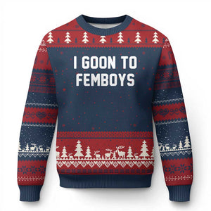 I Goon to Femboys Ugly Christmas Sweater Funny Adult Humor Internet Meme Culture TS02 Navy Red Print Your Wear