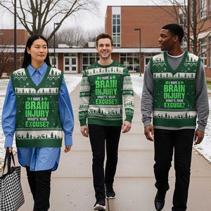 Traumatic Brain Injury Awareness V-Neck Knit Sweater Vest I Have A Brain Injury What's Your Excuse TBI Warrior TS02 Forest Green Beige Print Your Wear