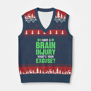 Traumatic Brain Injury Awareness V-Neck Knit Sweater Vest I Have A Brain Injury What's Your Excuse TBI Warrior TS02 Navy Red Print Your Wear