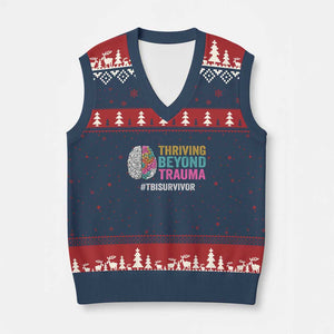 Traumatic Brain Injury Awareness V-Neck Knit Sweater Vest Thriving Beyond Trauma TBI Survivor TS02 Navy Red Print Your Wear
