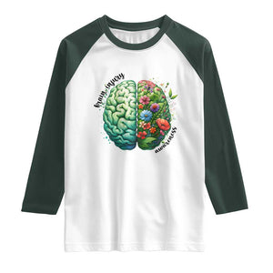 Traumatic Brain Injury Awareness Raglan Shirt TBI Warrior Green Floral Brain TS02 White Dark Forest Green Print Your Wear