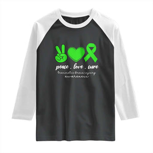 Traumatic Brain Injury Awareness Raglan Shirt Peace Love Cure TBI Warrior TS02 Black White Print Your Wear