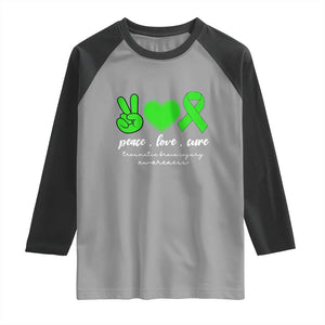 Traumatic Brain Injury Awareness Raglan Shirt Peace Love Cure TBI Warrior TS02 Sport Gray Black Print Your Wear