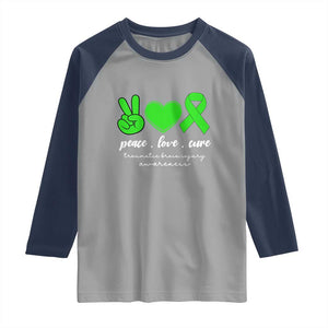 Traumatic Brain Injury Awareness Raglan Shirt Peace Love Cure TBI Warrior TS02 Sport Gray Navy Print Your Wear