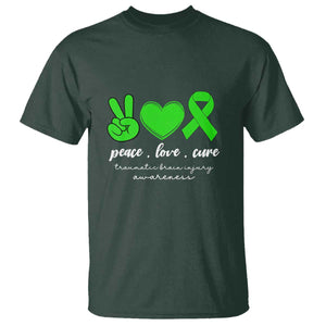 Traumatic Brain Injury Awareness T Shirt Peace Love Cure TBI Warrior TS02 Dark Forest Green Print Your Wear