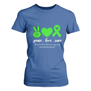 Traumatic Brain Injury Awareness T Shirt For Women Peace Love Cure TBI Warrior TS02 Royal Blue Print Your Wear