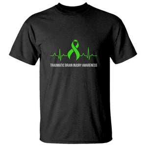 Traumatic Brain Injury Awareness T Shirt TBI Warrior Heartbeat Green Ribbon TS02 Black Print Your Wear