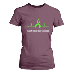 Traumatic Brain Injury Awareness T Shirt For Women TBI Warrior Heartbeat Green Ribbon TS02 Maroon Print Your Wear