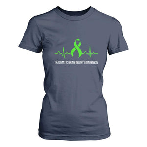 Traumatic Brain Injury Awareness T Shirt For Women TBI Warrior Heartbeat Green Ribbon TS02 Navy Print Your Wear