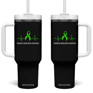 Traumatic Brain Injury Awareness Tumbler With Handle TBI Warrior Heartbeat Green Ribbon TS02 One Size: 40 oz Black Print Your Wear