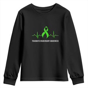 Traumatic Brain Injury Awareness Youth Sweatshirt TBI Warrior Heartbeat Green Ribbon TS02 Black Print Your Wear