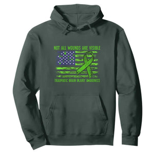 Traumatic Brain Injury Awareness Hoodie Not All Wounds Are Visible TBI Warrior American Flag TS02 Dark Forest Green Print Your Wear