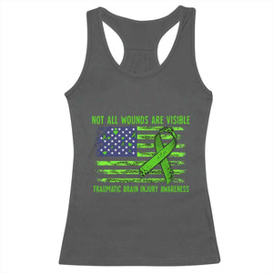 Traumatic Brain Injury Awareness Racerback Tank Top Not All Wounds Are Visible TBI Warrior American Flag TS02 Dark Heather Print Your Wear