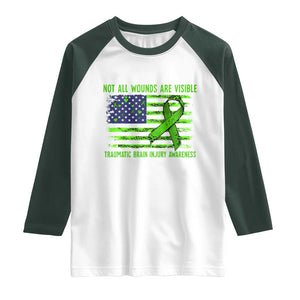 Traumatic Brain Injury Awareness Raglan Shirt Not All Wounds Are Visible TBI Warrior American Flag TS02 White Dark Forest Green Print Your Wear