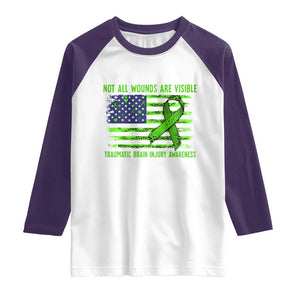 Traumatic Brain Injury Awareness Raglan Shirt Not All Wounds Are Visible TBI Warrior American Flag TS02 White Purple Print Your Wear