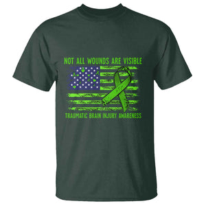 Traumatic Brain Injury Awareness T Shirt - Not All Wounds Are Visible TBI Warrior American Flag Tee TS02 Dark Forest Green Print Your Wear