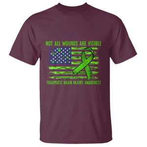 Traumatic Brain Injury Awareness T Shirt - Not All Wounds Are Visible TBI Warrior American Flag Tee TS02 Maroon Print Your Wear