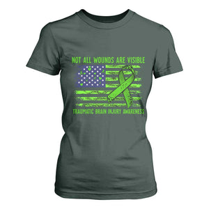 Traumatic Brain Injury Awareness T Shirt For Women Not All Wounds Are Visible TBI Warrior American Flag TS02 Dark Forest Green Print Your Wear