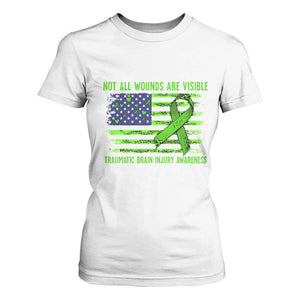 Traumatic Brain Injury Awareness T Shirt For Women Not All Wounds Are Visible TBI Warrior American Flag TS02 White Print Your Wear