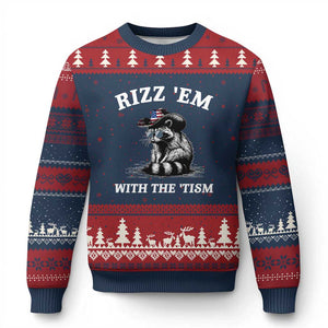 Autism Racoon Cowboy Ugly Christmas Sweater Rizz Em With The Tism TS02 Navy Red Print Your Wear
