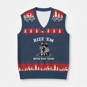 Autism Racoon Cowboy V-Neck Knit Sweater Vest Rizz Em With The Tism TS02 Navy Red Print Your Wear