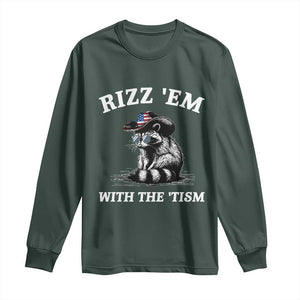 Autism Racoon Cowboy Long Sleeve Shirt Rizz Em With The Tism TS02 Dark Forest Green Print Your Wear