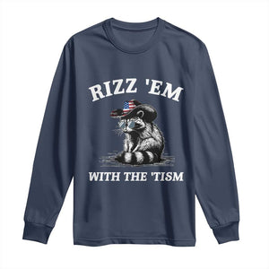 Autism Racoon Cowboy Long Sleeve Shirt Rizz Em With The Tism TS02 Navy Print Your Wear