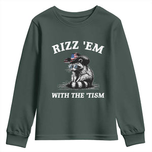 Autism Racoon Cowboy Youth Sweatshirt Rizz Em With The Tism TS02 Dark Forest Green Print Your Wear