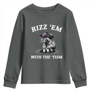 Autism Racoon Cowboy Youth Sweatshirt Rizz Em With The Tism TS02 Dark Heather Print Your Wear