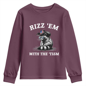 Autism Racoon Cowboy Youth Sweatshirt Rizz Em With The Tism TS02 Maroon Print Your Wear