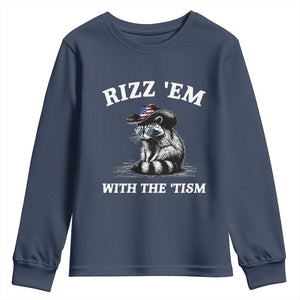 Autism Racoon Cowboy Youth Sweatshirt Rizz Em With The Tism TS02 Navy Print Your Wear