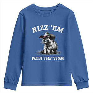 Autism Racoon Cowboy Youth Sweatshirt Rizz Em With The Tism TS02 Royal Blue Print Your Wear