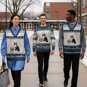 Easter Day Cat Bunny Ears Eggs Graphic V-Neck Knit Sweater Vest TS02 Beige Navy Print Your Wear