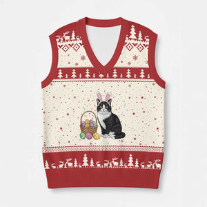 Easter Day Cat Bunny Ears Eggs Graphic V-Neck Knit Sweater Vest TS02 Beige Red Print Your Wear