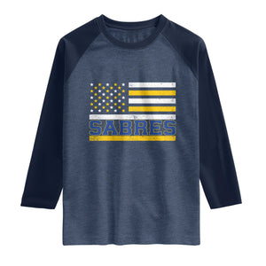 Retro Patriotic Sabres Name Pride American Flag Raglan Shirt Distressed Sports Fan Graphic TS02 Heather Denim Navy Print Your Wear
