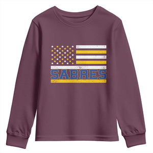Retro Patriotic Sabres Name Pride American Flag Youth Sweatshirt Distressed Sports Fan Graphic TS02 Maroon Print Your Wear