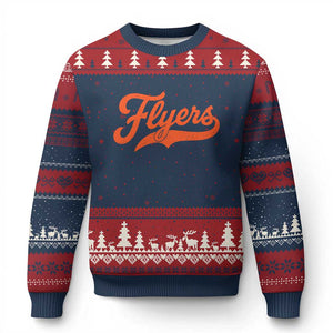 Vintage Flyers Name Script Style Ugly Christmas Sweater Retro Distressed Tailgate Spirit Sports Fan TS02 Navy Red Print Your Wear