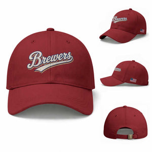Vintage 70s Brewers Name Script Style Baseball Cap Retro Distressed Tailgate Spirit Sports Fan TS02 Baseball Cap Universal Fit Cherry Red Print Your Wear