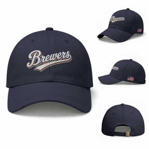 Vintage 70s Brewers Name Script Style Baseball Cap Retro Distressed Tailgate Spirit Sports Fan TS02 Baseball Cap Universal Fit Navy Print Your Wear