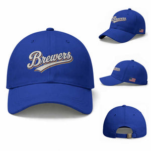 Vintage 70s Brewers Name Script Style Baseball Cap Retro Distressed Tailgate Spirit Sports Fan TS02 Baseball Cap Universal Fit Royal Blue Print Your Wear