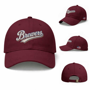 Vintage 70s Brewers Name Script Style Baseball Cap Retro Distressed Tailgate Spirit Sports Fan TS02 Baseball Cap Universal Fit Maroon Print Your Wear